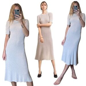Wilfred Aritzia Knit Woven Crochet Silhouette Cream Beige Midi Fishtail Dress